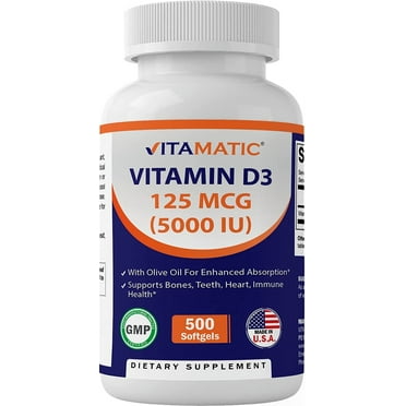 Vitamatic Vitamin D3 5000 IU (125 mcg) - 500 Softgels (Olive Oil Based) - 500 Days Supply - for Healthy Muscle Function, and Immune Support, Non-GMO, Gluten Free in Cold-Pressed Mini Softgels