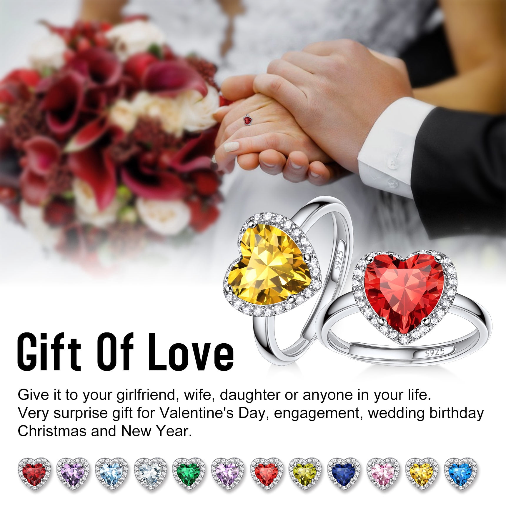 Bestyle Pure S925 Sterling Silver Heart Rings for Women Sparkle Open Band Ring July Created Ruby Rings Mother's Day Gift Size 6-12