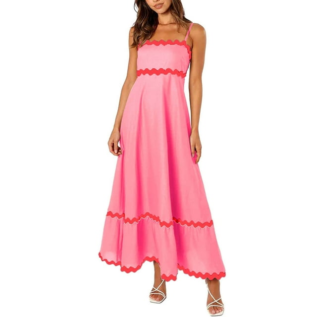 WTXUE Robes Maxi en Liquidation, Robe Nuisette Sans Manches Élégante à Encolure Carrée, Femmes 2024 Été Robe Longue Fluide à Étages Type Camisole Unie Vestidos Casuales Para Mujer Verano Maxi Women, Rose+m(US:6-8)
