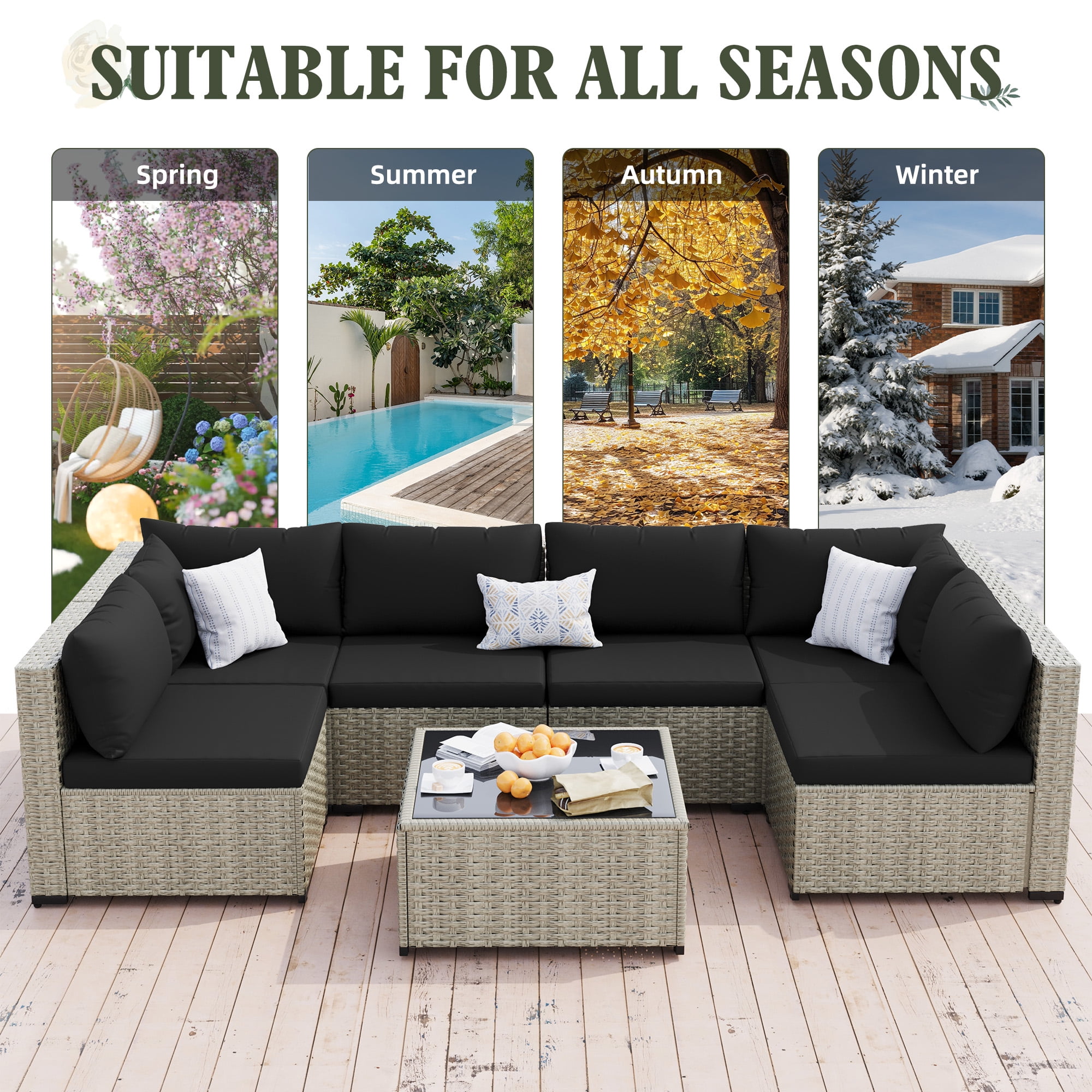 Amopatio 7 Pieces Patio Conversation Set, Outdoor Sectional PE Rattan Wicker Furniture Seat,BLACK