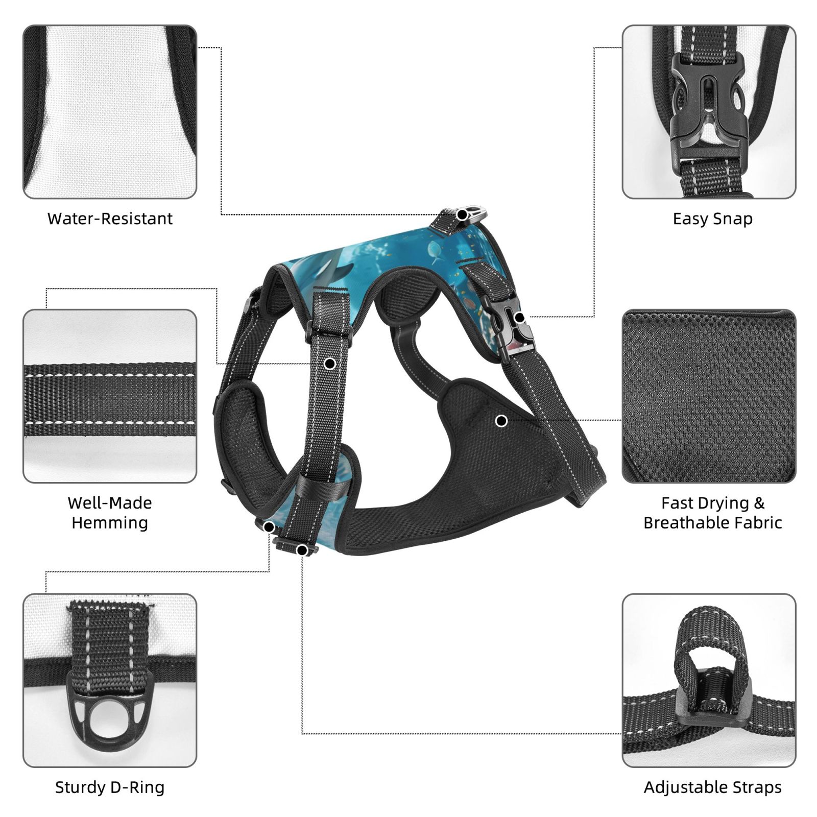 Vsdgher Underwater Dolphin Scene Dog Harness, No-Pull Pet Harness, Dog Vest, Pet Vest for Small to Large Dogs-Medium