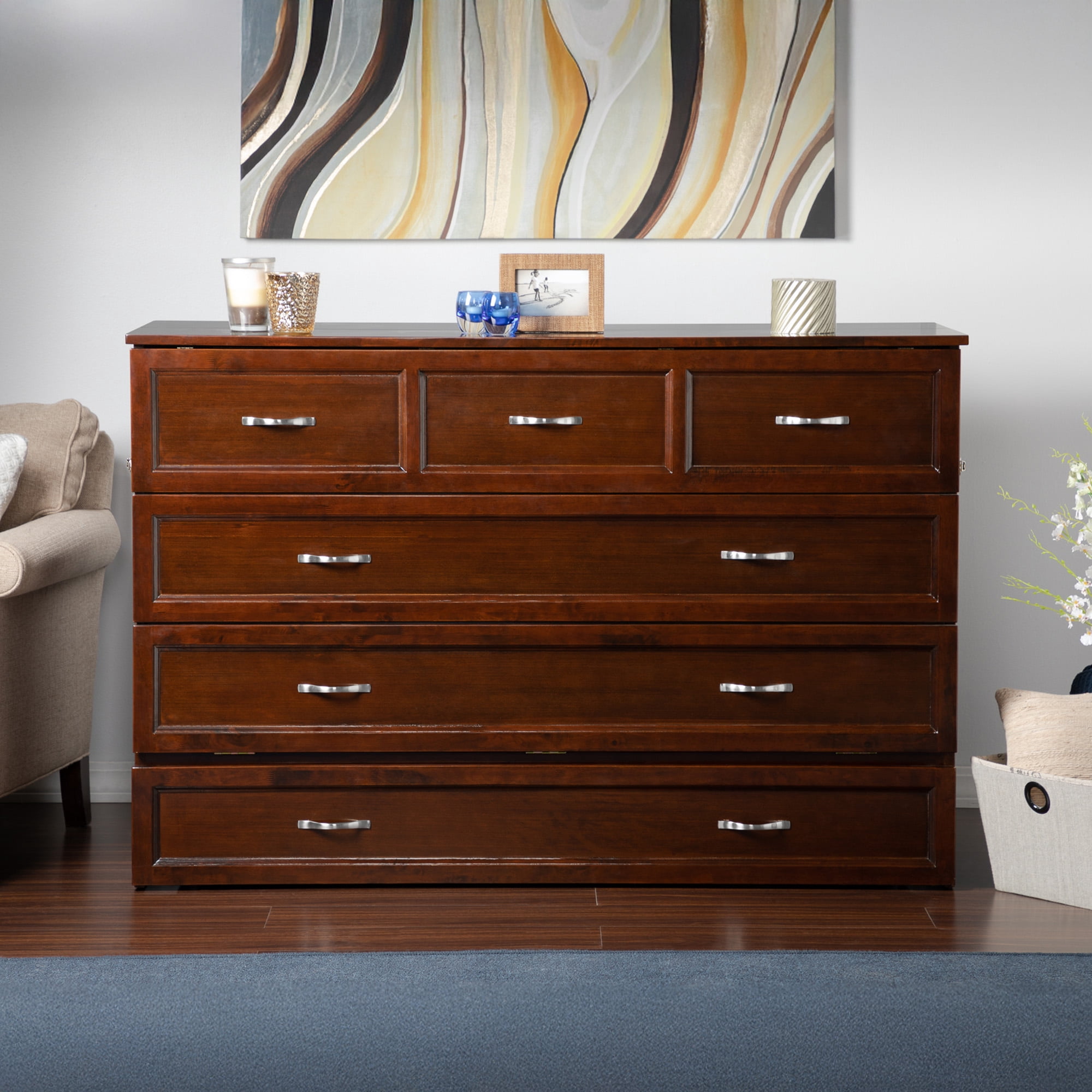 AFI Deerfield Queen Solid Wood Murphy Bed Chest with Mattress, Drawer & Charger in Walnut