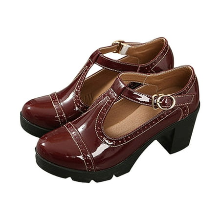 

Fesfesfes Platform Heels For Women Soled Synthetic Sports British Style Block Shoes High Heels Solid Color Hollowed Out Metal Buckle Cut Mary Womens Shoes 5.5(36)