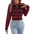 thumbnail image 2 of Women Casual Color Block Stripe Ribbed Crew Neck Slim Cropped Long Sleeve Knit Pullover Sweater Wine Red M, 2 of 10