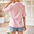 thumbnail image 4 of Camisa casual de mujer Mangas cortas plisadas Cuello vuelto Color puro Top de verano para uso diario Rosa L, 4 of 6