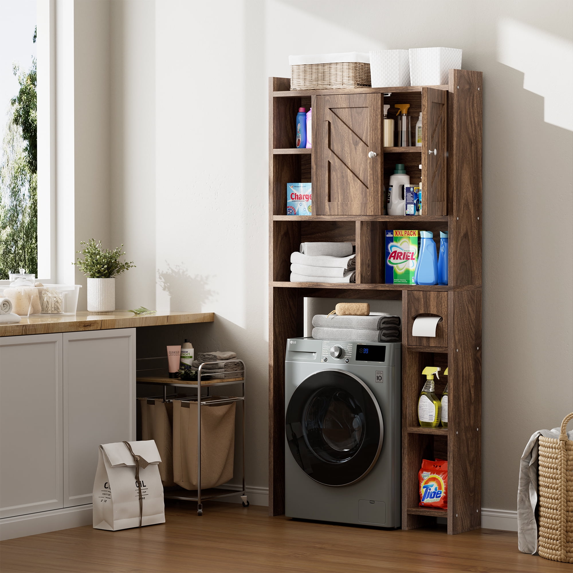Walsunny Over the Toilet Storage Cabinets with Doors Side Shelves Toilet Paper Holder Stand Organizer Shelf Rack Space Saver above behind Toilet Freestanding for Bathroom Restroom Laundry Walnut