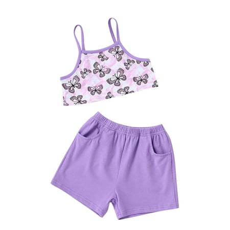 

BSDHBS Top and Shorts Set Toddler Girls Sleeveless Cartoon Butterfly Prints Tops Vest and Shorts 2PCS Summer Outfits&Set