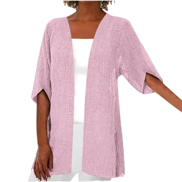 Lenpel Cardigan Léger pour Femme Grande Taille, Manches 3/4, Ouvert à l'Avant, Kimono, Cardigan Décontracté Ample, Haut de Superposition (Rose, 4X-Grand)