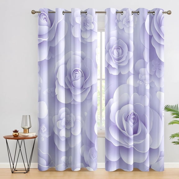 3D Rose Curtains For Bedroom, Lavender Purple Floral Drapes 2 Panels Set, Modern Flower Blackout Curtains For Living Room Home Decor, Patterned Grommet Drapes 52"W x 96"L