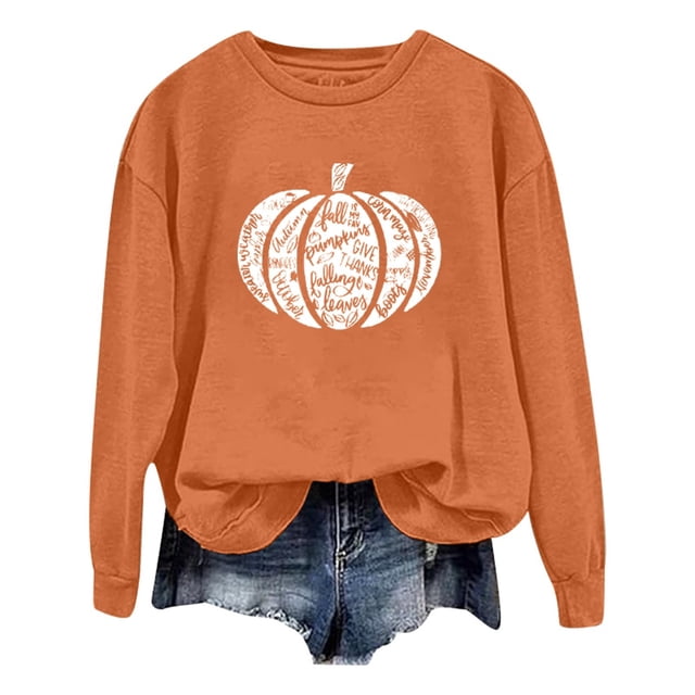 Arlun,Halloween Chandails en Molleton Citrouille 2025 Mode Automne Femmes Grande Taille Chandails à Lettres Imprimées Hauts Coupe Ample Confortables Col Rond Manches Longues Manteau Hauts Sans Capuche Orange G