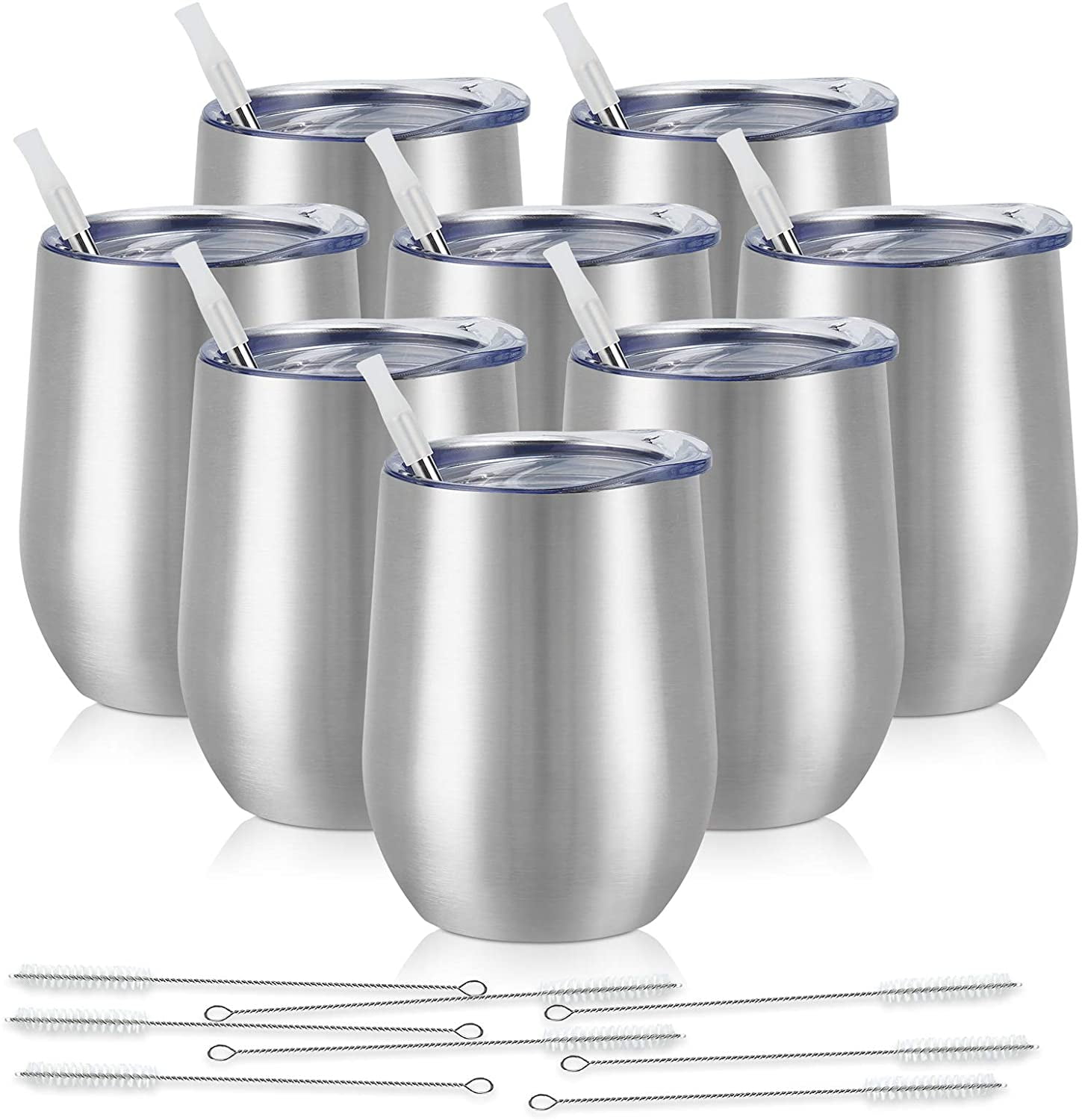 Gingprous 8 Pack 12 oz Stainless Steel Wine Tumblers with Lids Straws