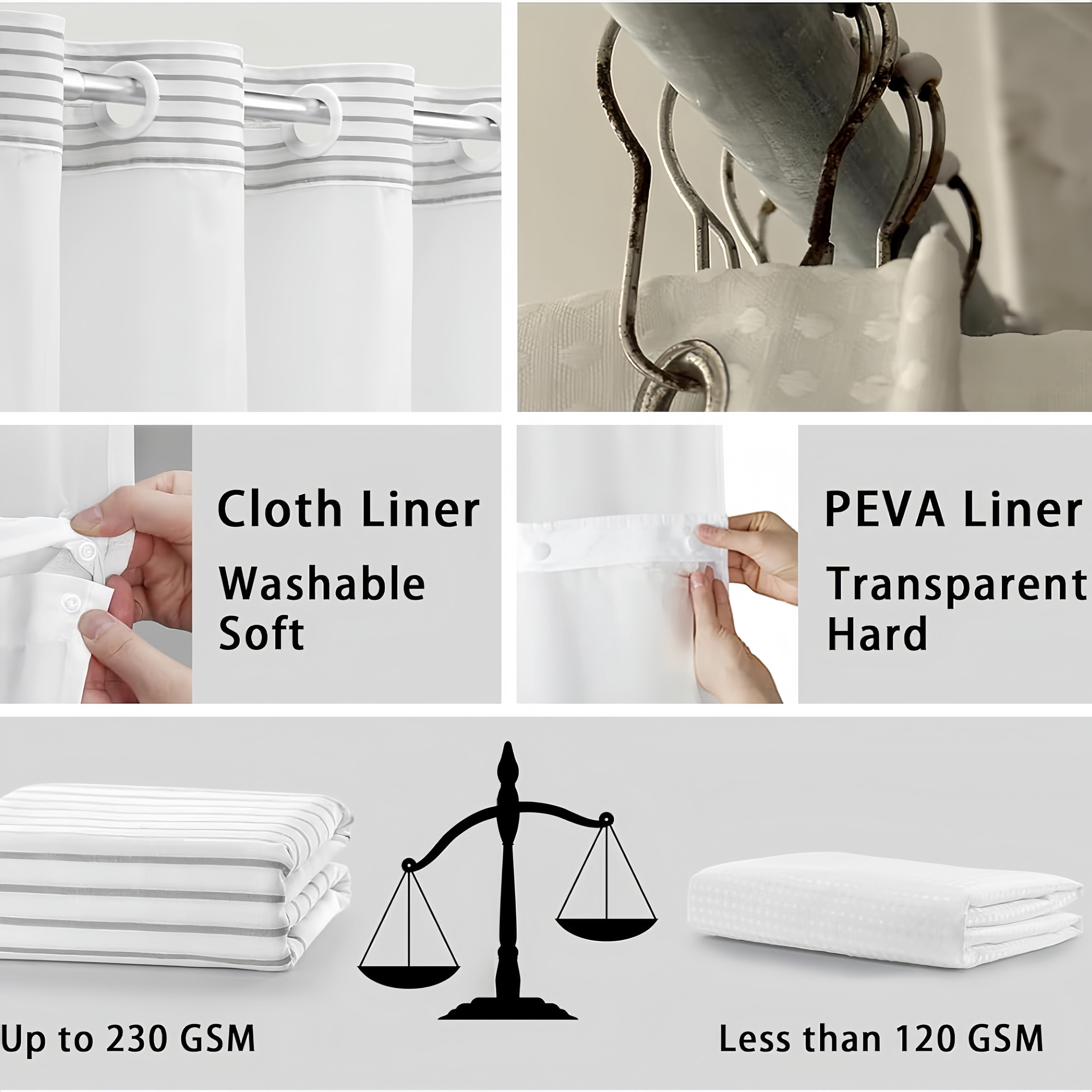 No Hook Shower Curtain with Snap in Liner Set Cotton and Linen Blend Shower Curtain for Bathroom Boho Gray Striped 75" L x 72" W