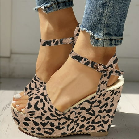 

uikmnh Women Shoes Fashion Spring And Summer Wedge Heel Fish Mouth Women Sandals High Heel Peep Toe Leopard Print Brown 6.5