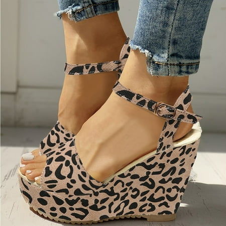 

Christmas Fashion Spring And Summer Wedge Heel Fish Mouth Women Sandals High Heel Peep Toe Leopard Print