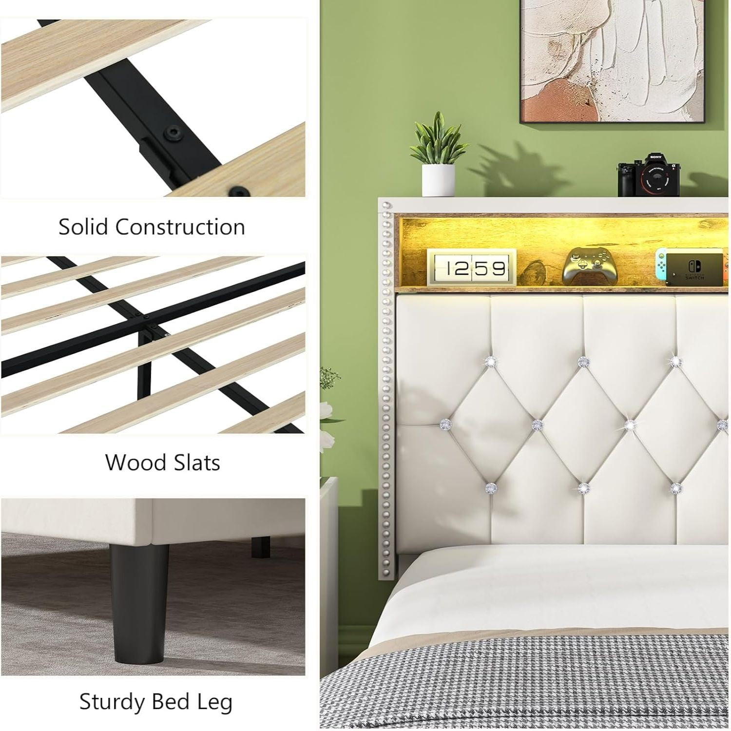 4 EVER WINNER King Size Bed Frame with Storage Headboard, Velvet Upholstered Bed Frame with LED Light, White King Bed Frame with Charge Station, White