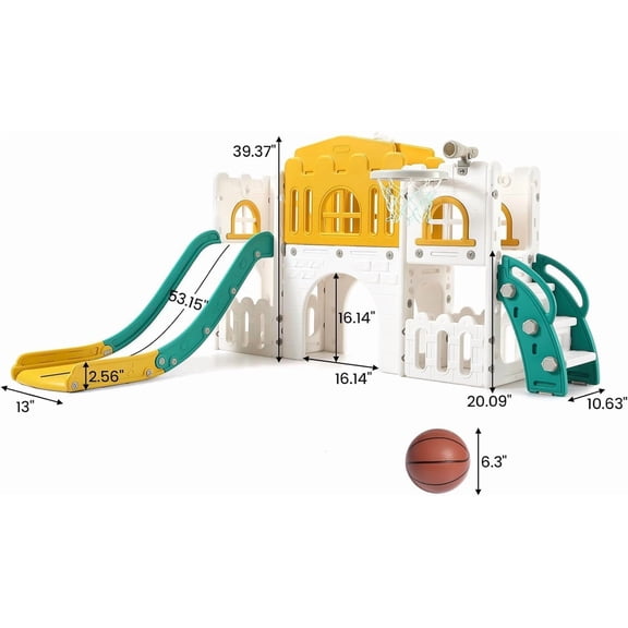 Acekid Slide 8 in 1 Playset For Age 1-3Y Playset For Indoor Outdoor Playground With Climber Crawling Tunnel Basketball Hoop Telescope Toy Storage Orange Green