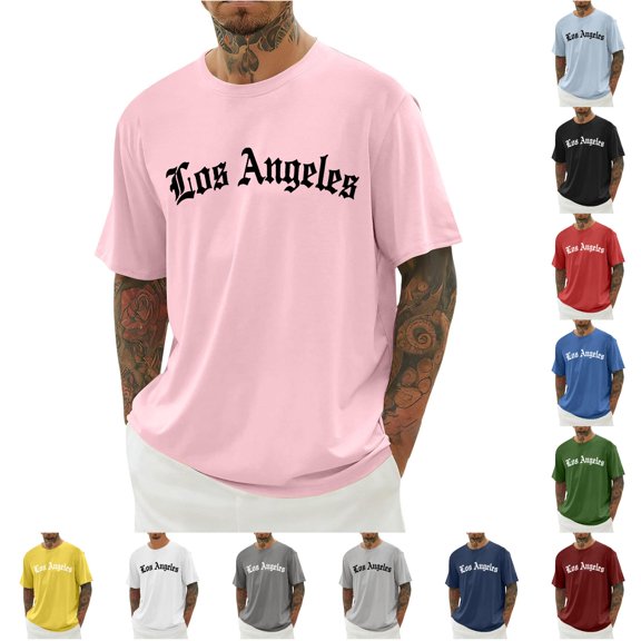 NinXxx Men's Crew Neck City Letter Print Breathable Modern Casual Tee Pink XXXXXL Pink XXXXXL