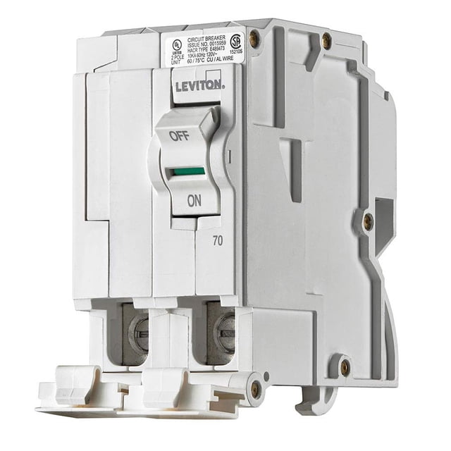 Leviton 70A 2 polos enchufable estándar interruptor de circuito derivado hidráulico magnético 120/240 VAC LB270 blanco