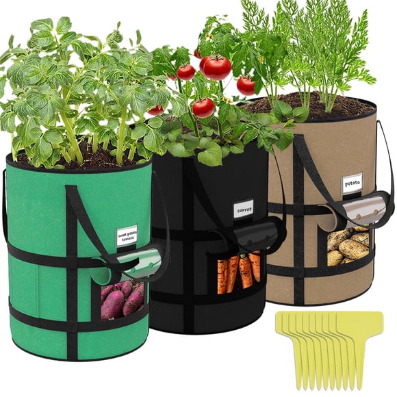 3Pcs Plant Grow Bags 10 Gallon Non-Woven Breathable Plant Grow Pots with Sturdy Handles and Visual Flap Windows Reusable Garden Growing Containers for Potato Tomato Vegetable and Flowers