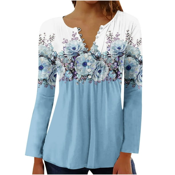 zanvin Womens Tops Tunique 2023 Ete a Manches Longues T Shirts Mignon T Shirt Fluide Henley Casual Chemisiers Habilles pour Leggings Bleu Clair XXXL Walmart