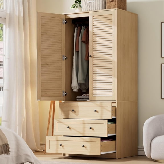 Modern Armoire Wardrobe Closet with 3 Drawers & 2 Doors, Tall Standing Wooden Cabinet for Hanging Clothes, Heavy Duty Storage, Oak