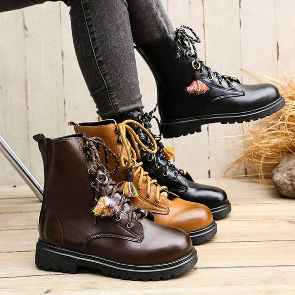 Lovzfmll Ankle Boots for Women, Winter Riding Boots Waterproof Military Leather, Slip Resistant Chunky Heel Round Toe Tassel Casual Fall Chunky Black Boots