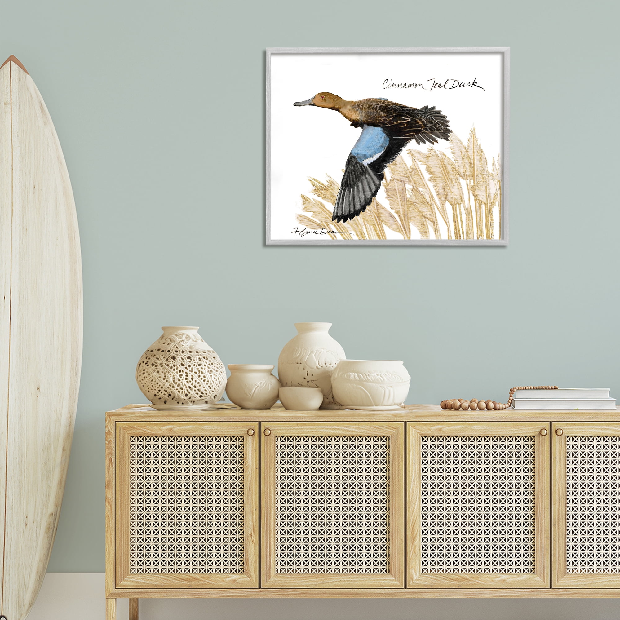 Stupell Industries Cinnamon Teal Duck Flying Animals & Insects Painting Gray Framed Art Print Wall Art, 30 x 24