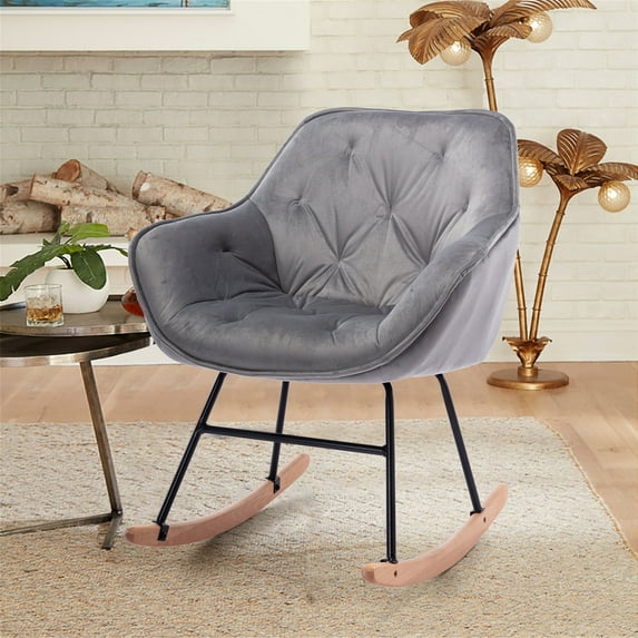 Nursing Glider Rocking Chair, Velvet Upholstered Accent Chair Rocker Chair with High Backrest & Armrest, Mid Century Modern Wood Armchair Single Sofa Chair for Living Room Bedroom Nursery, Gray
