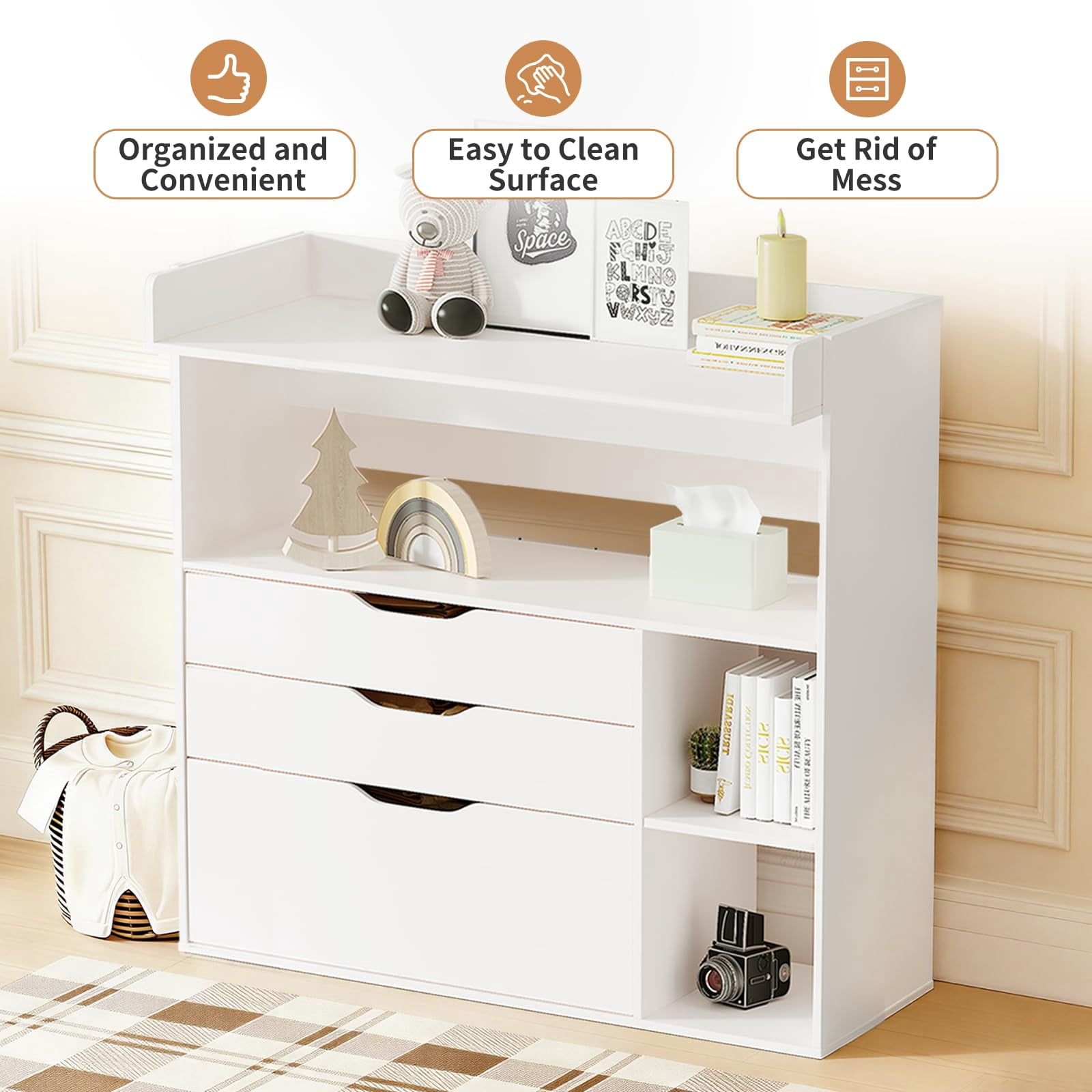 Cuoote 3 Drawer Diaper Changing Table Dresser, White