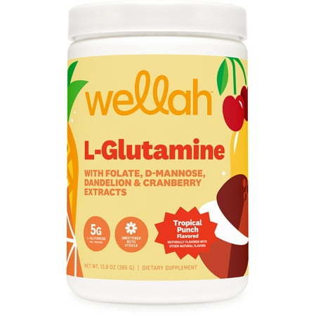 Wellah L-Glutamine Tropical Punch Powder (50 Servings) - 5g L-Glutamine Per Serving, Sweetened with Stevia