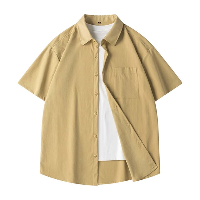 Playeras Elvqul Hombre Elástica Amarillo Casual Manga Corta sin Estampado Solapa Botones