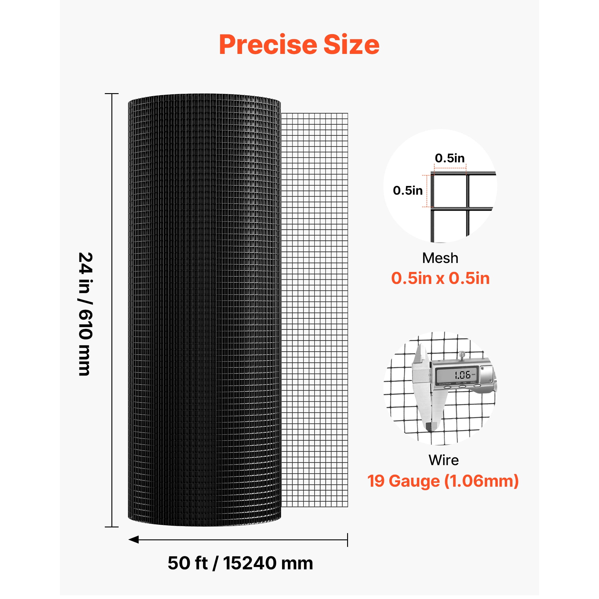 KFFKFF 24 in x 50 ft Hardware Cloth, 1/2 in 19 Gauge Galvanized Wire Mesh Roll, Durable Vinyl-Coated Weather-Resistant Fencing for Gardens, Animal Enclosures