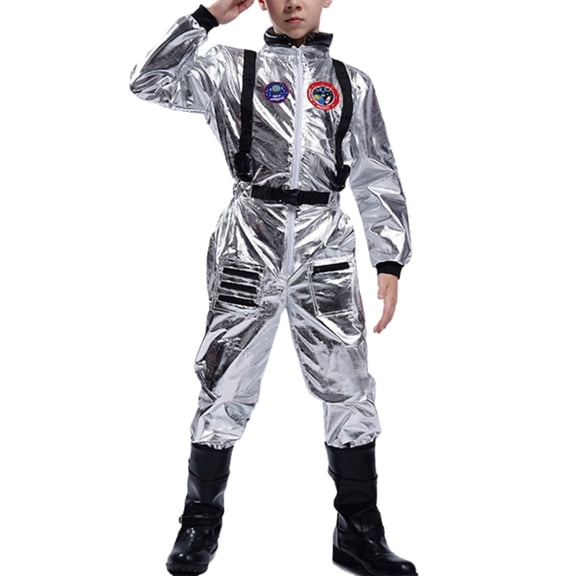 CONZONE Carnival Unisex Boys Girls Astronaut Dress Up Shiny Graphic Jumpsuit Funny Party Stage Performance Outfits