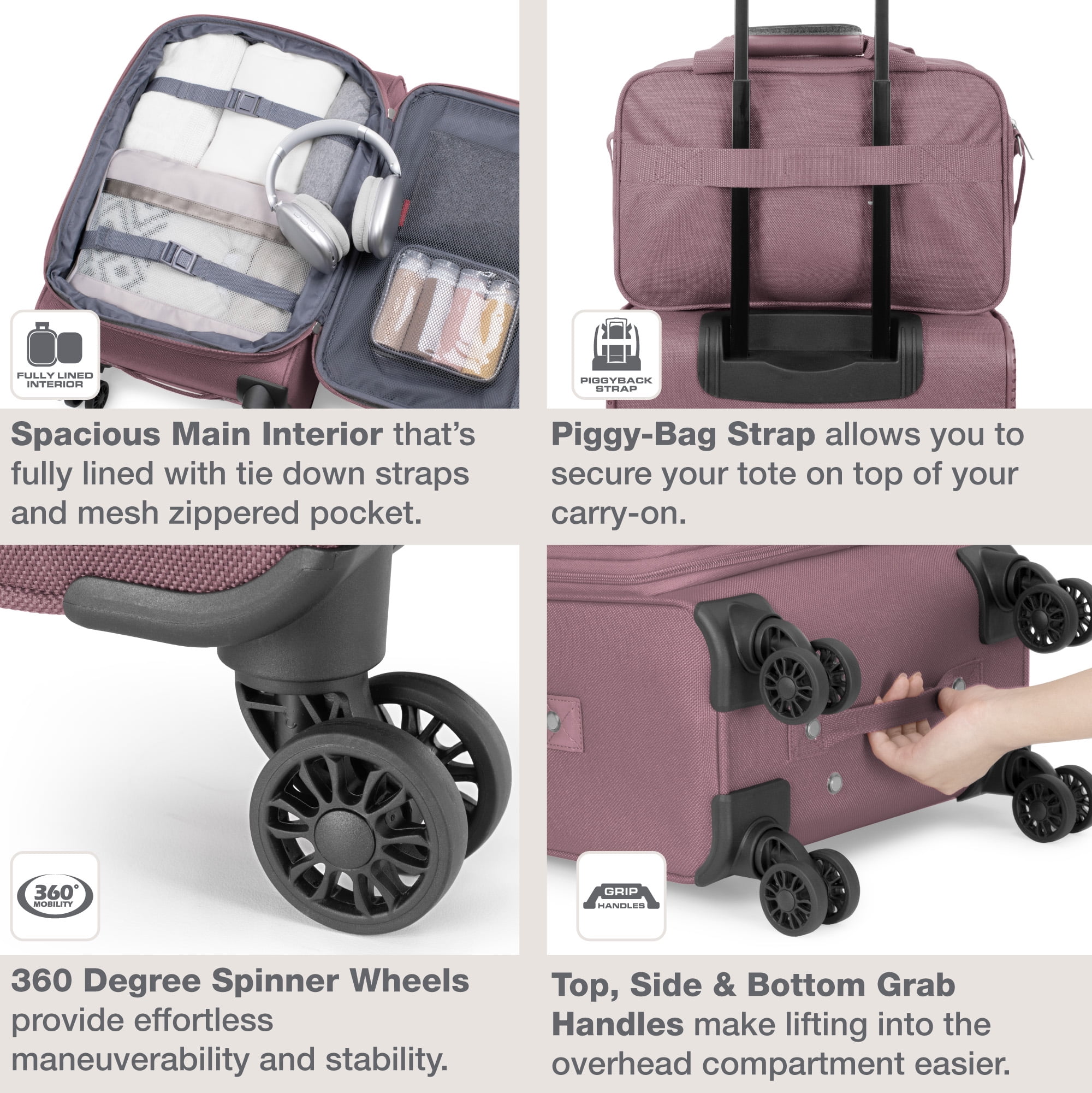 U.S. Traveler Rio 2-Piece Expandable Softside Carry-on Luggage Set - Spinner Wheels, TSA-Approved, Tote Bag, Lightweight Travel Suitcase, Mauve (22/14)