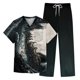thumbnail image 1 of Men's Short Sleeve V Neck Print Chest Pocket Care Top Elastic Waist Pants Two Piece Work Suit XL, 1 of 4
