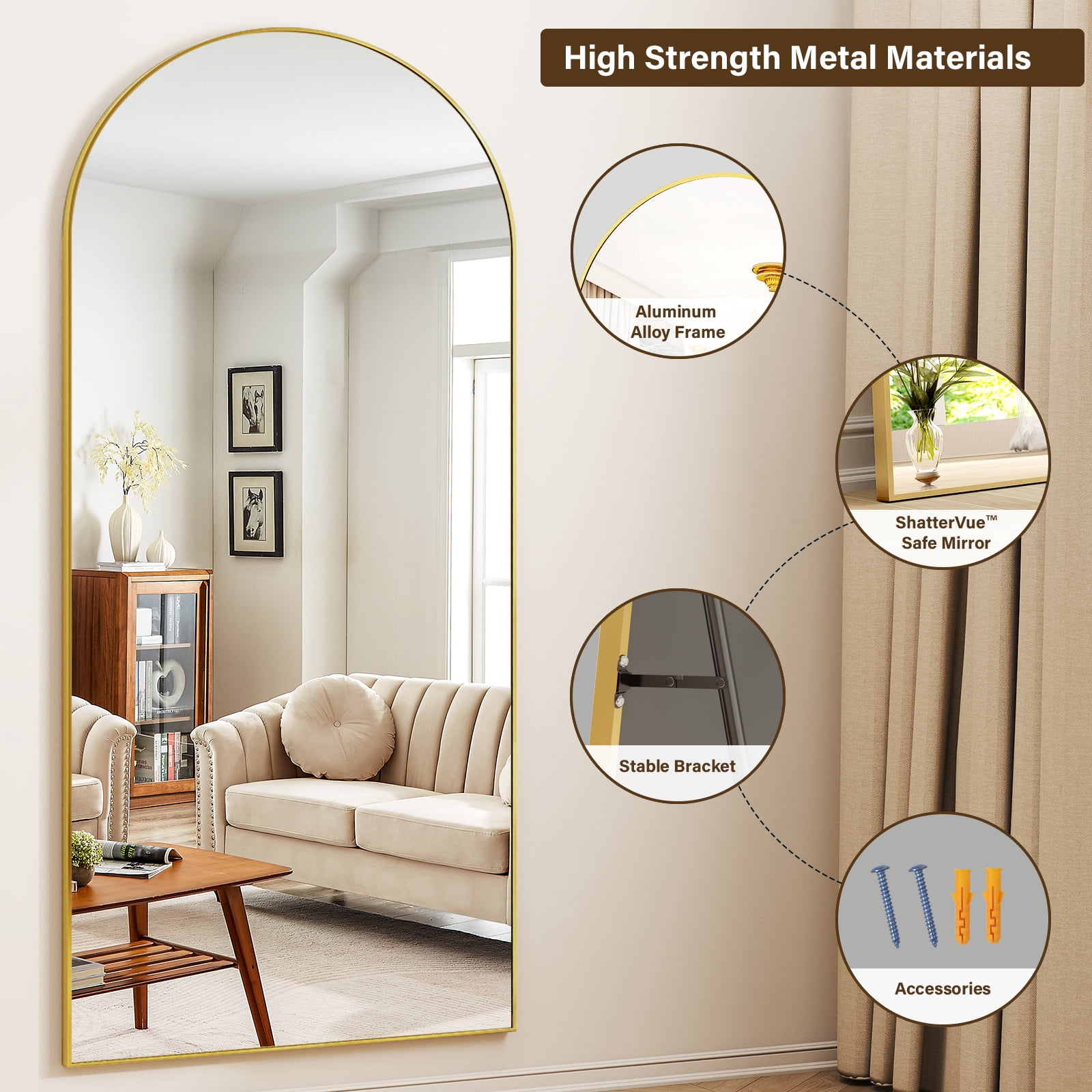 GRAHMCY 78" x 35.2" Arched Large Full Length Mirror Wall Mounted Floor Mirror with Stand, Gold