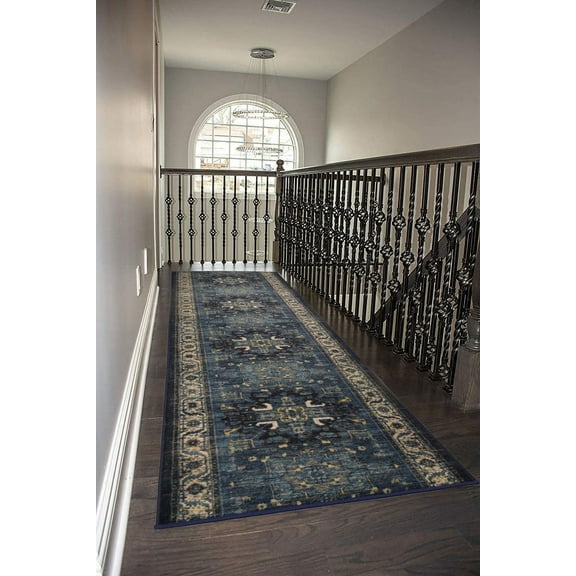Custom Size Rug Runner Traditional Vintage Distressed Looks Medallion Design Hotel Quality Cut To Size Oriental Isfahan Navy Blue Runner Rug, Customize by Feet