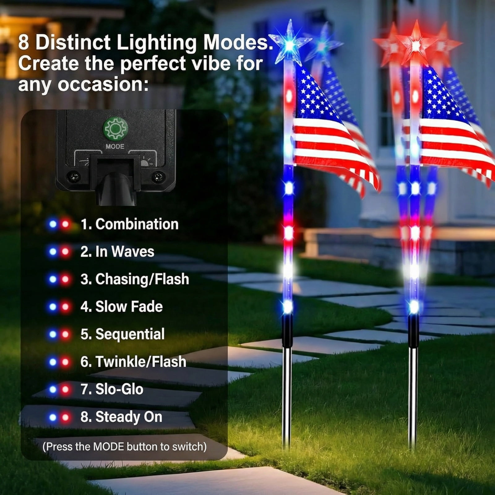 8 Patriotic Solar Flag Lights with 8 Lighting Modes, Solar American Flag Lights Outdoor - Perfect 4th of July Decorations