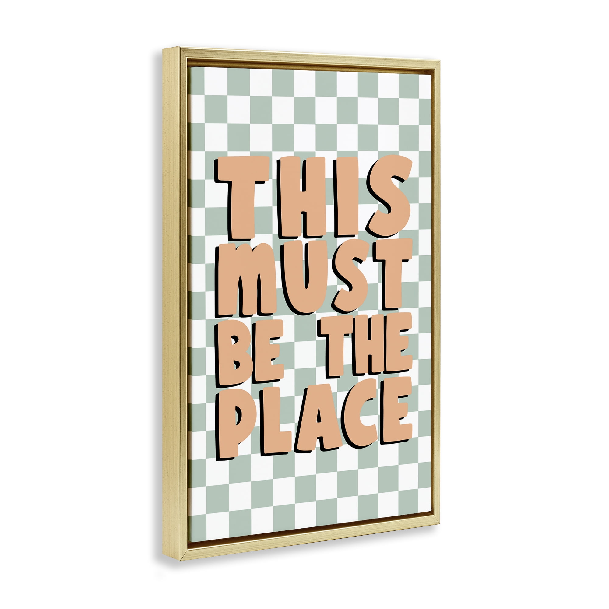 Stupell Industries Retro Must Be The Place Text & Numbers Painting Gold Floater Framed Canvas Art Print Wall Art, 21 x 31