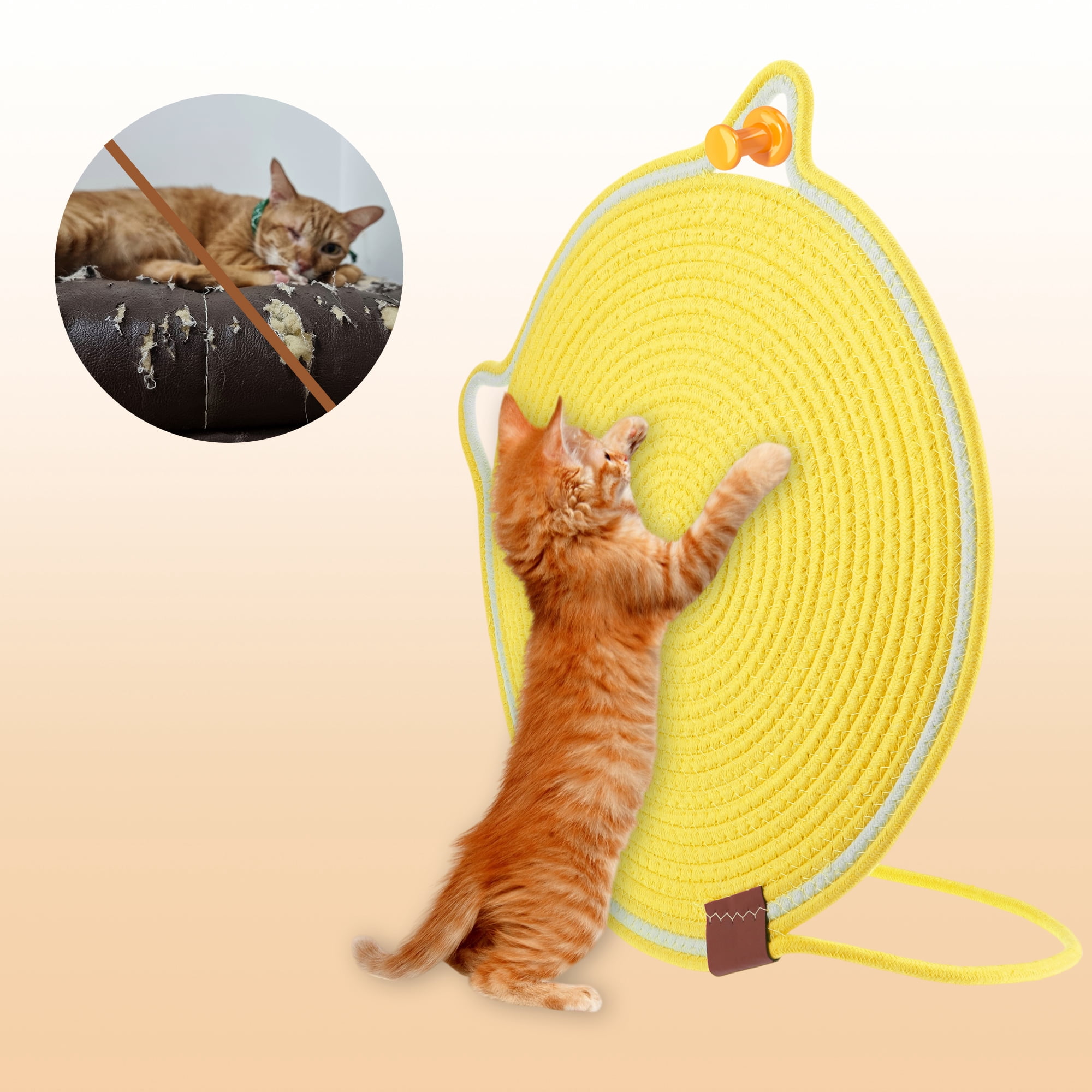 Unique Bargains Cat Scratcher Mat with A Cat Ball Cotton Rope Yellow [19.69"]