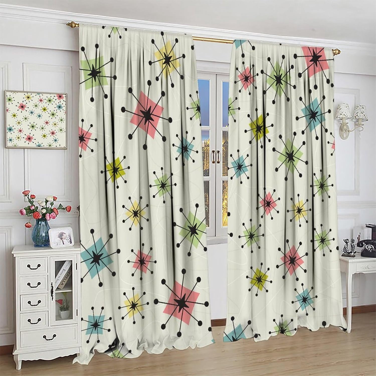 Mid Century Atomic Curtains, Vintage Atomic Stars Exploding Modern Geometric Boomerangs, Bedroom Living Room Blackout Noise Reduction Curtains52X84 Inch
