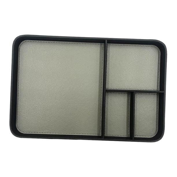 Bandeja multiusos con compartimentos para guardar diversos artículos y dispositivos electrónicos. Elegante contenedor de almacenamiento. Gris negro