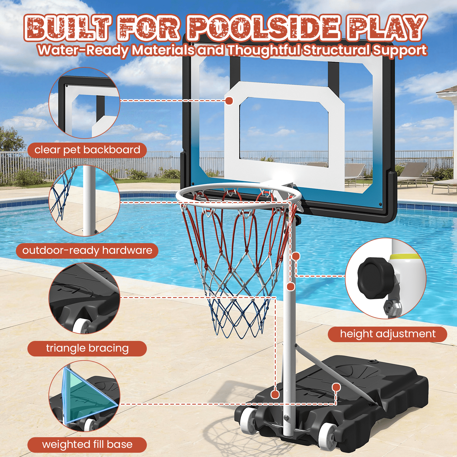 Danrelax Pool Basketball Hoop, Height Adjustable 3.9" to 6.9", Blue PE Frame, Water Base, Includes Air Pump, 8-Inch Rubber Ball, Indoor & Outdoor Use