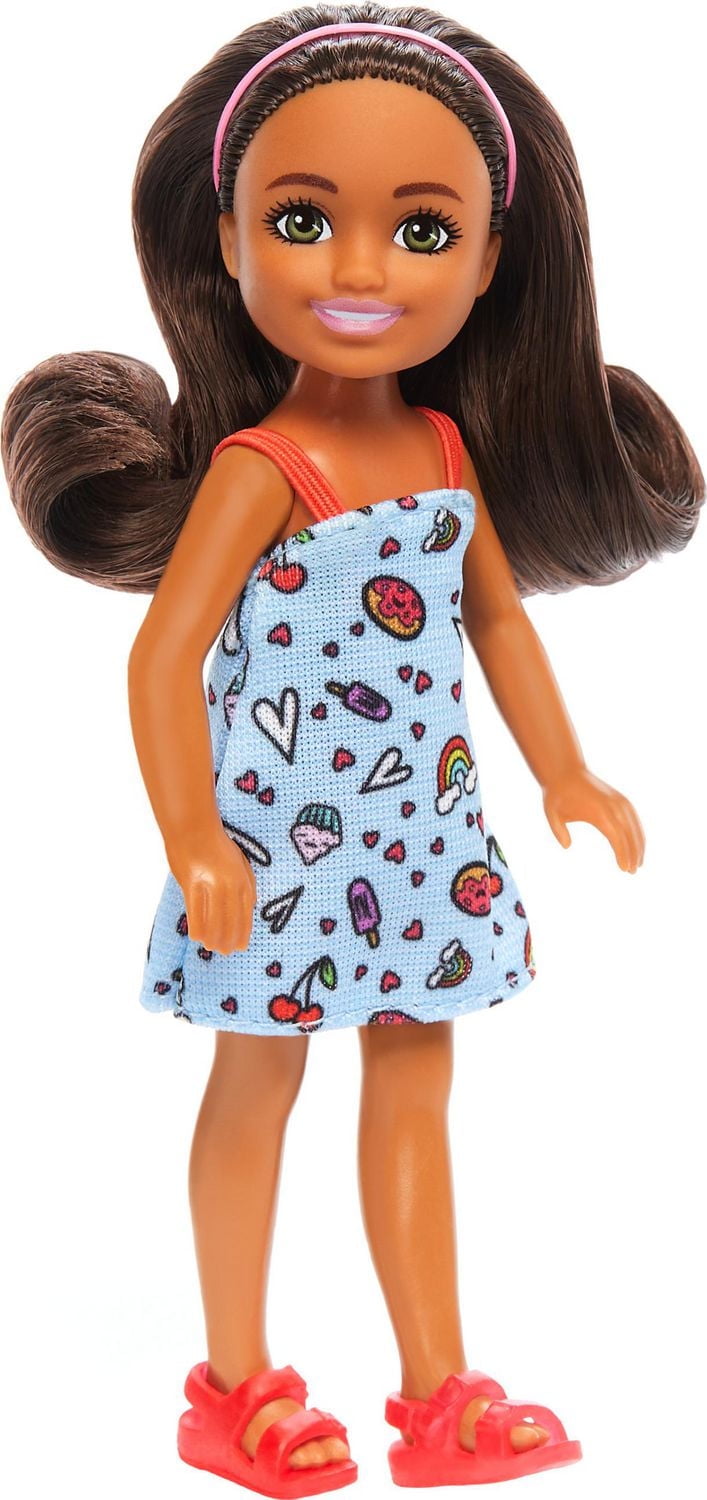 Barbie Chelsea Doll, Small Doll Wearing Removable Blue Dress with Brown Hair & Green Eyes