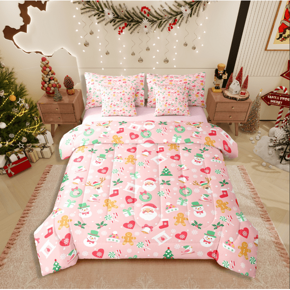 Castle Fairy Kids Santa Claus 7-Piece Twin Bedding Sets,Merry Christmas Bedding Comforter Set,Festival Xmas Breathable Sheet Sets,Ultra Soft Home Decor
