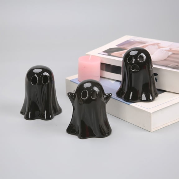 Aonerit 3Pcs Halloween Ghost Figurine,Ceramics Mini Ghost Ornaments,Lighted Cute Ghost Statue For Halloween Shelf Mantel Display