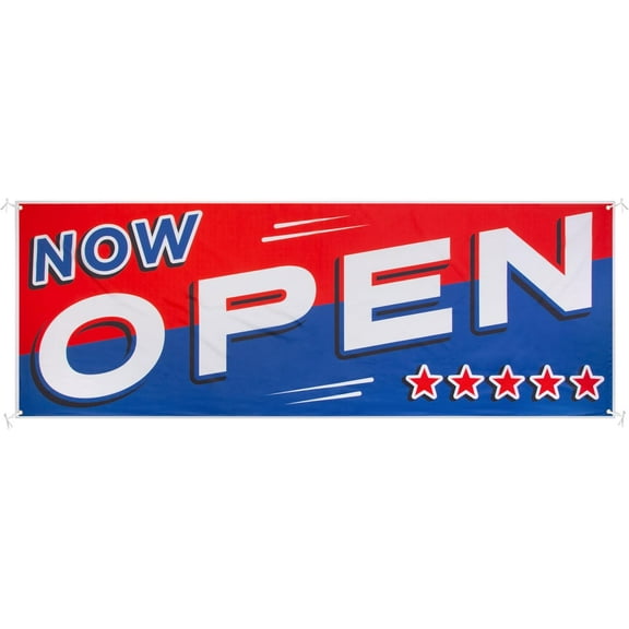 Now Open Banner, 3' x 8' Open Sign for Businesses, Shops, Polyester Banner with Grommets, Rope Included for Easy Installation