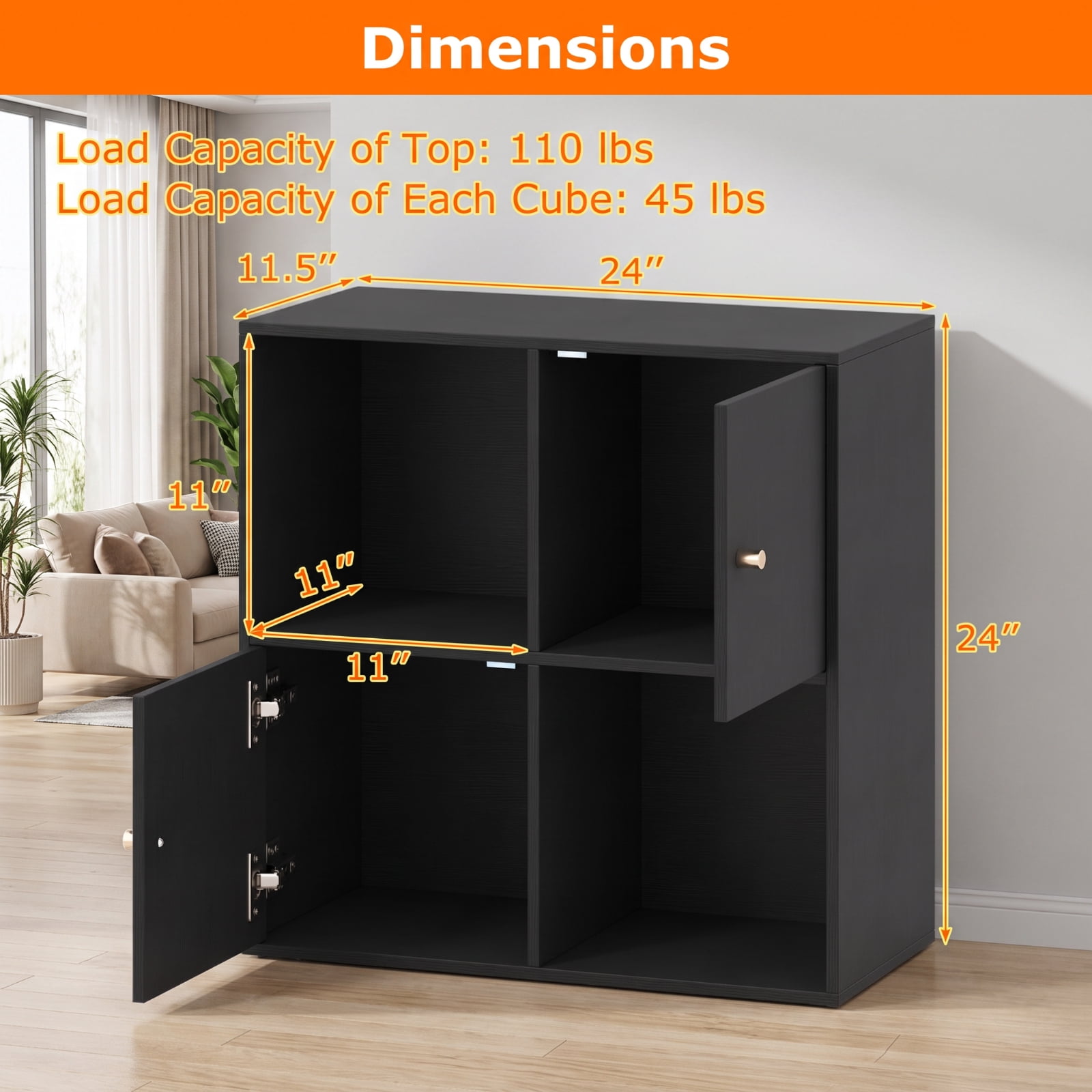 Furnibear 4-Cube 3-Tier Bookcase with 2 Cabinets Dual Anti-Tipping Kits and Metal Knobs for Living Room and Home Office, Black