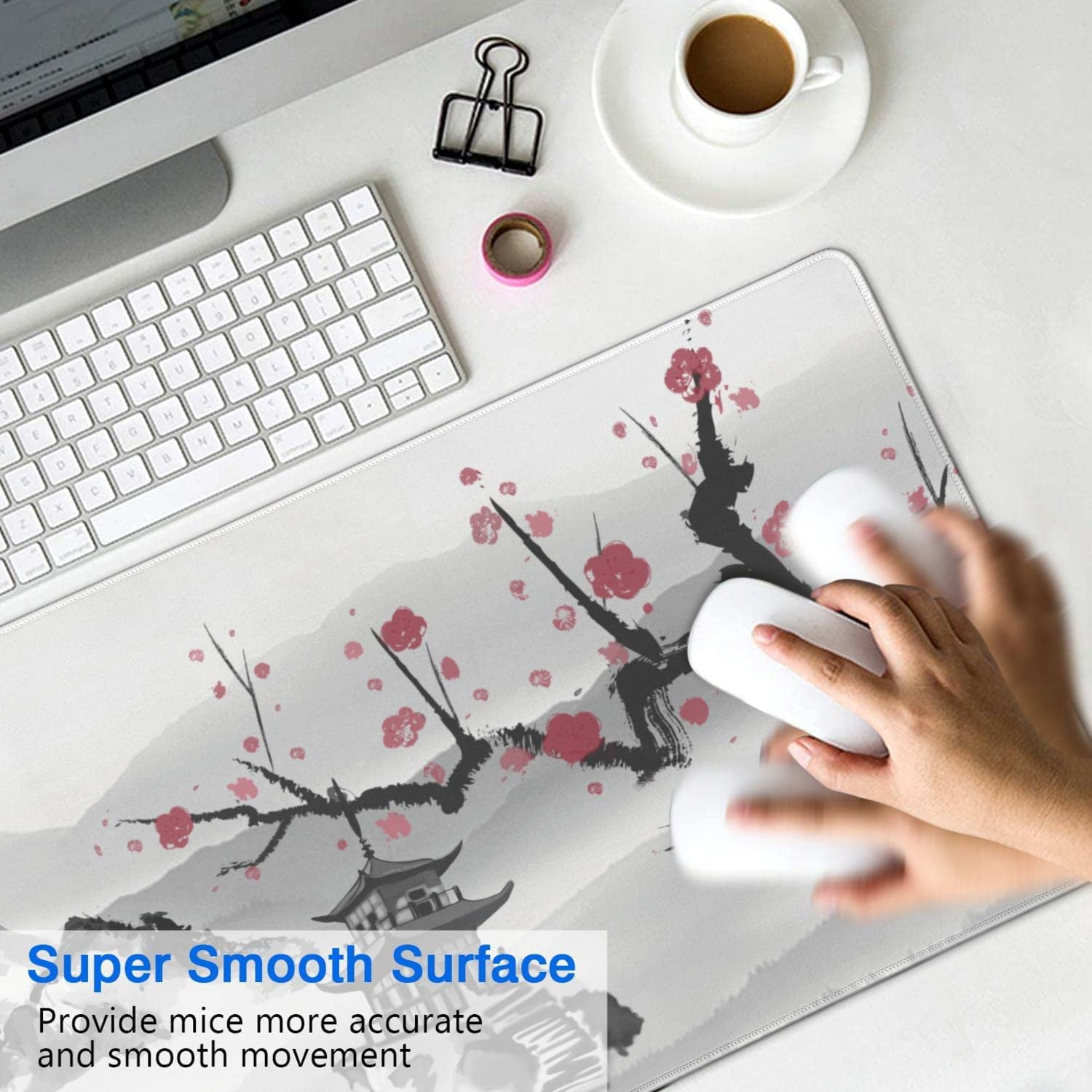 Cherry Blossom Mouse Pad (31.5x15.7 in) White Extended Gaming Mouse Pad Large Japanese Non-Slip Rubber Base Desk Protector with Stitched Edges Sakura Full Desk Mousepad XXL