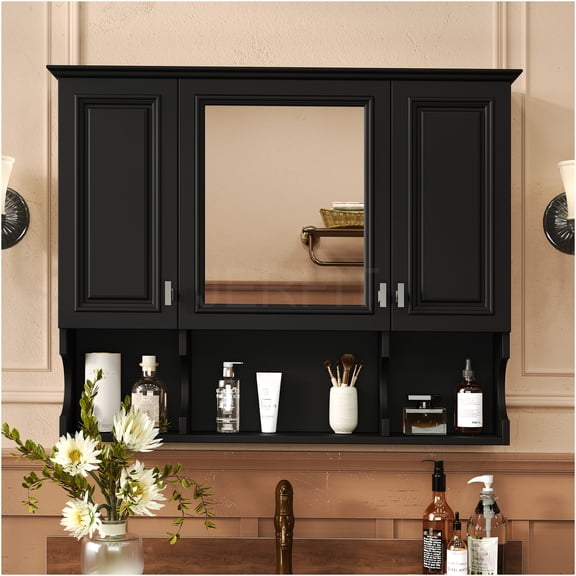 JERFIT 35x28 Inch Black Modern Bathroom Medicine Cabinet with Mirror, Wall Mounted Storage Cabinet with Adjustable Shelves, Waterproof MDF for Bath, Bedroom